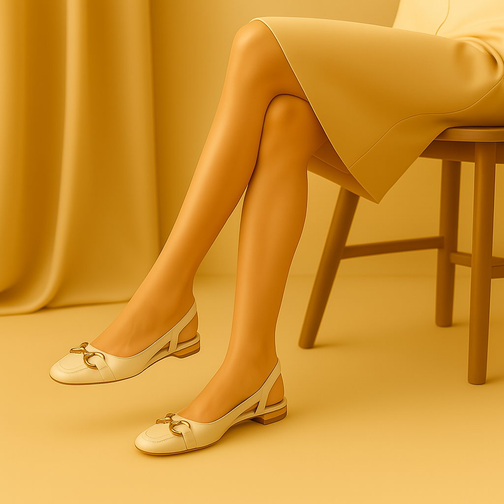 Une femme portant les escarpins ANAÉ assise sur une chaise dans un appartement parisien au couleur beige