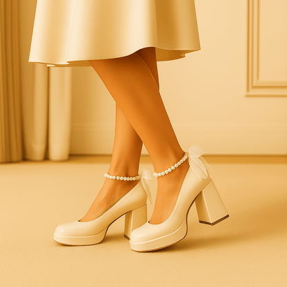 Une femme portant les escarpins LEA debout dans un appartement parisien au couleur beige