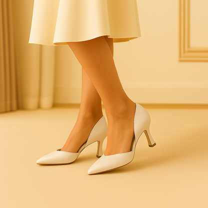 Une femme portant les escarpins MÉLIA debout dans un appartement parisien au couleur beige