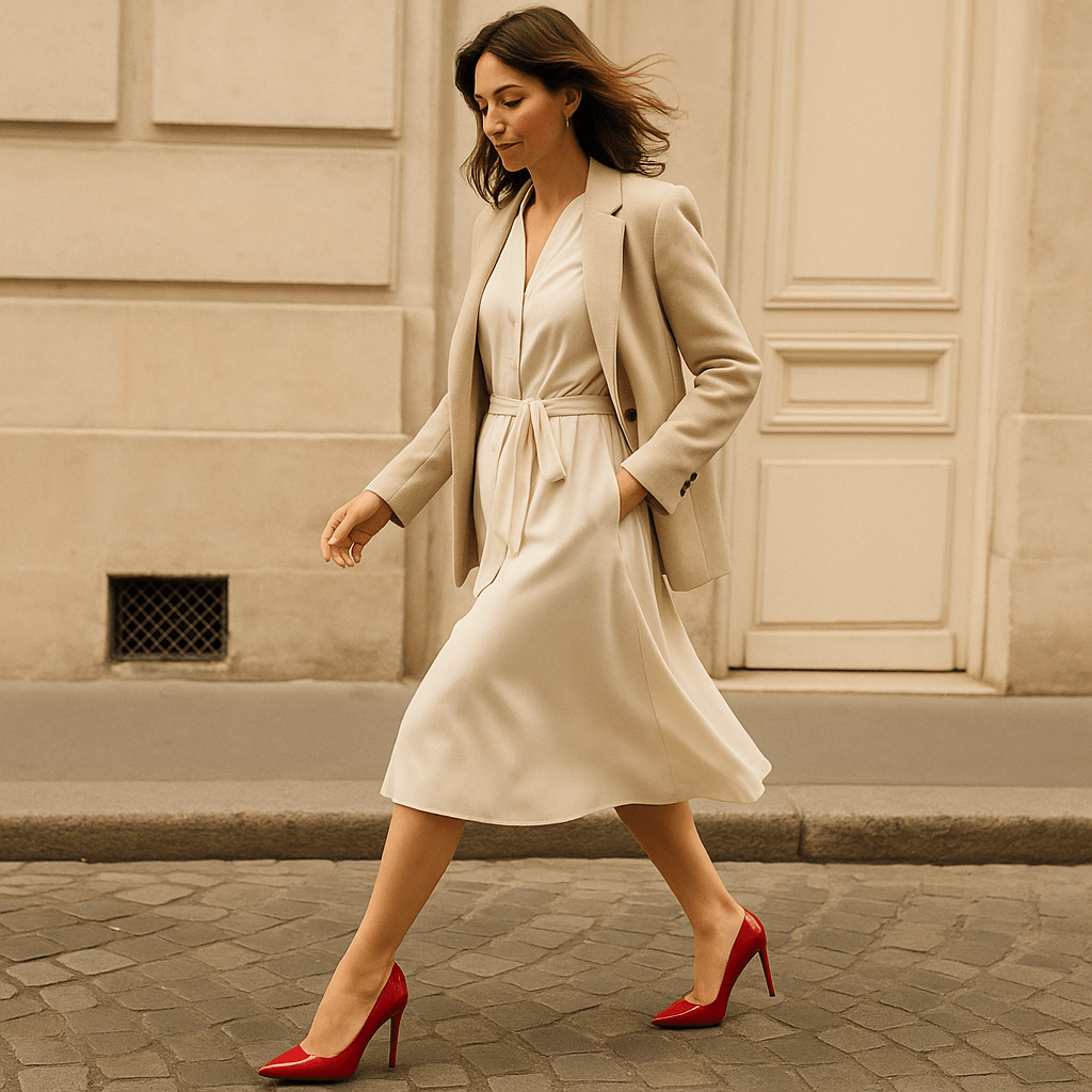 Femme en talon rouge marchant dans la rue d'un pas énergique
